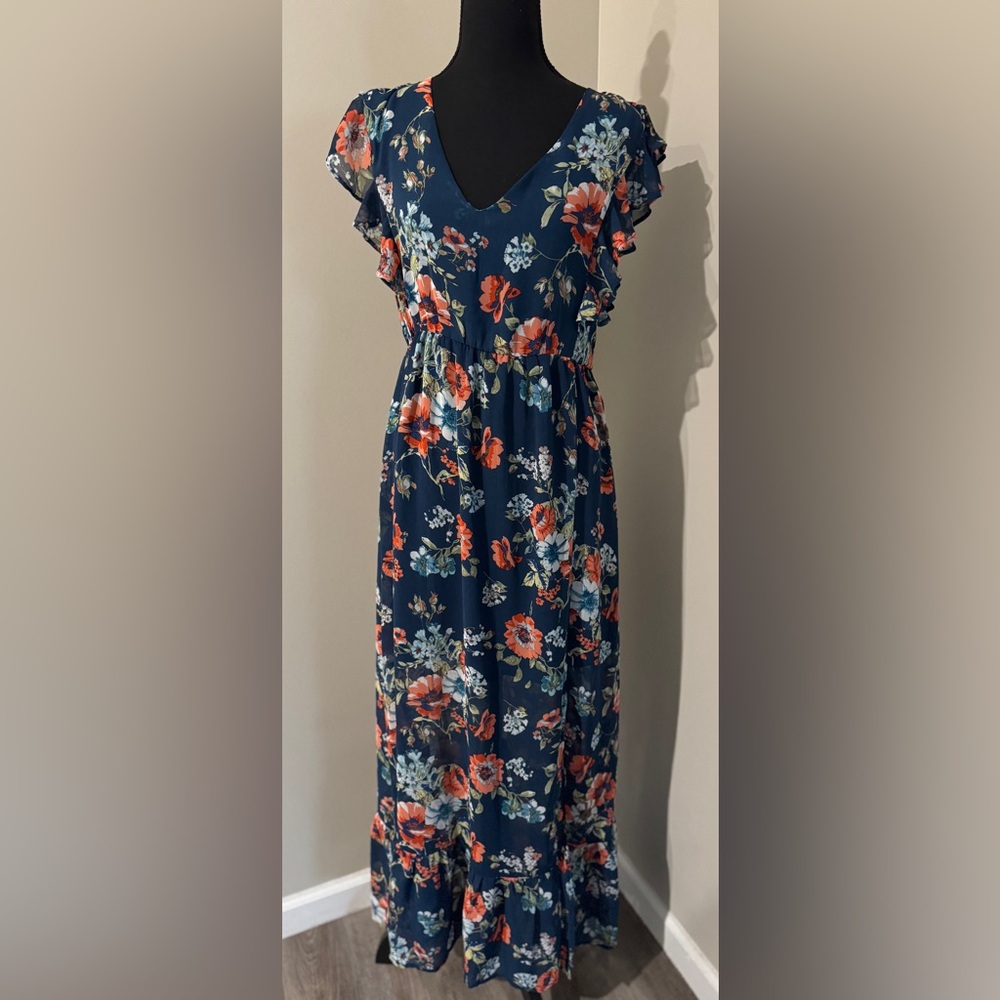 Navy Floral Maxi Dress‎ Flutter Sleeve V Neck Smocked Waist Ruffle Hem